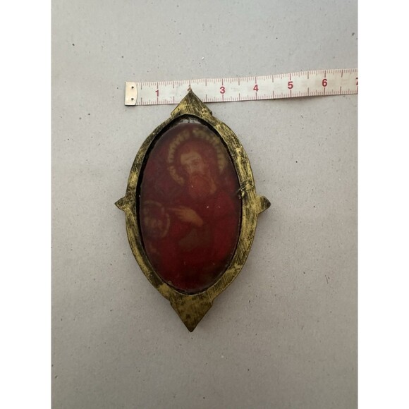 Vintage Jesus Christ Stained Glass Hanging Ornament In Golden Frame - Picture 10 of 11